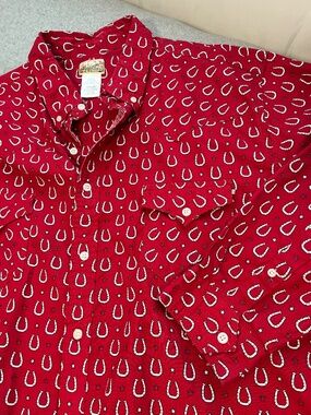 Mens Western Button Shirt 2XL Red Cotton Rodeo Horse Shoe Novelty Cowboy